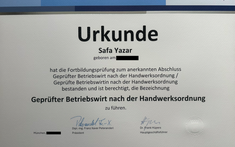 Zertifikat: Geprüfter Betriebswirt (HwO) – Safa Yazar, Malermeisterbetrieb Yazar Betriebswirt-Zertifikat von Safa Yazar – Geprüfter Betriebswirt nach der Handwerksordnung, ausgezeichnet von der Handwerkskammer München